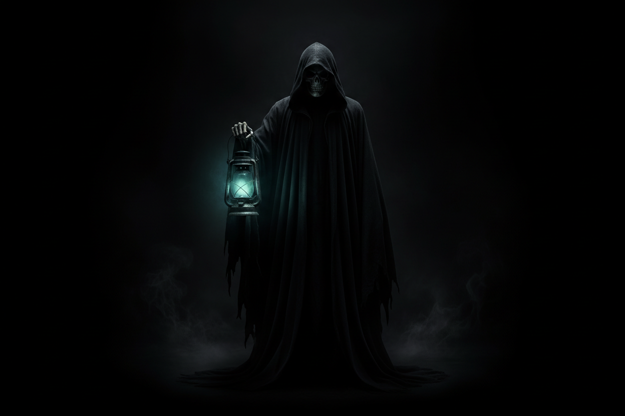 Grim reaper holding a lantern. Very dark background